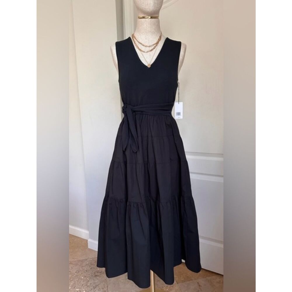 Jason Wu Black Sleeveless V-Neck Tiered Maxi knit top Dress with Waist Tie, L